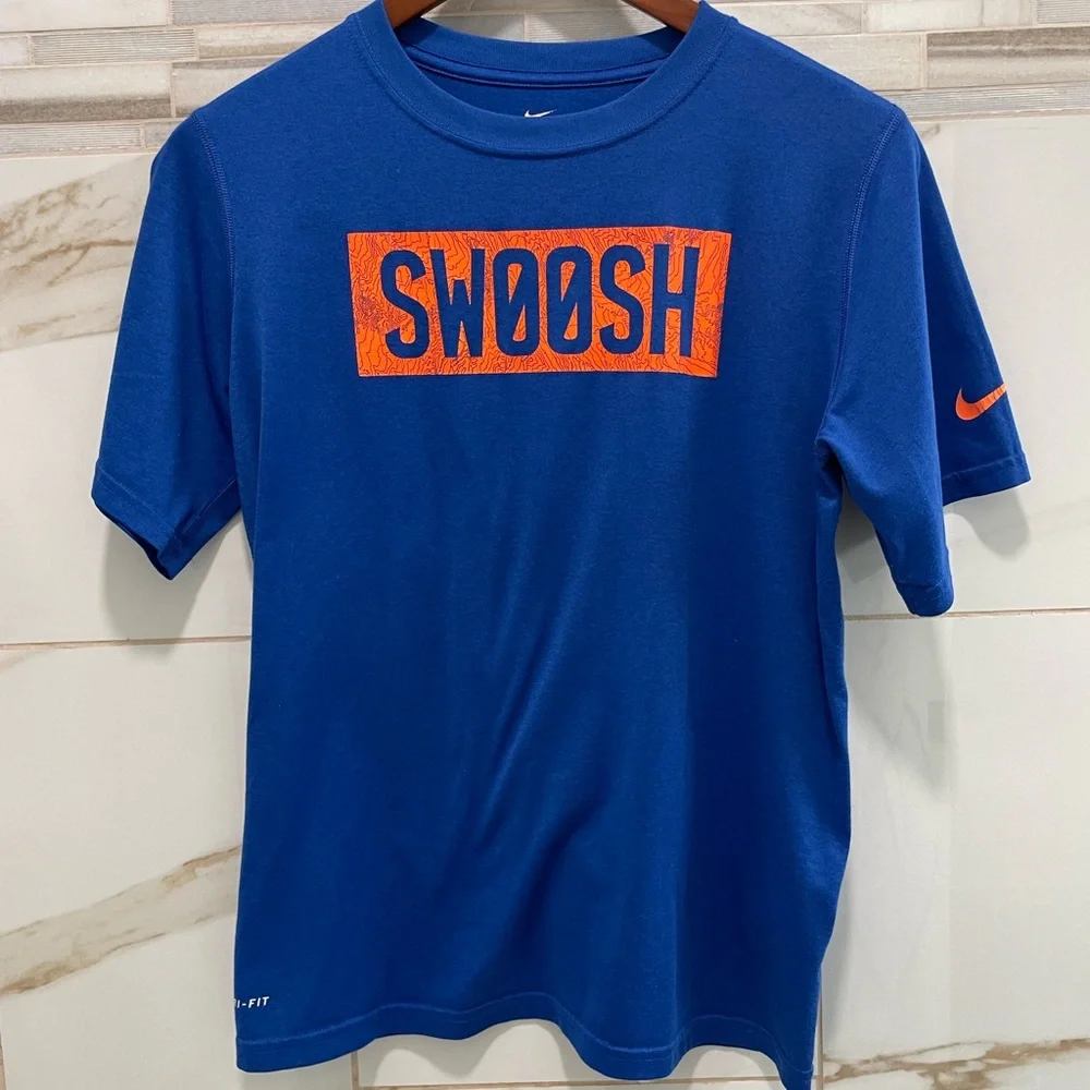 Nike Dri-FIT Swoosh Graphic Tee Kids XL Blue Orange Athletic Shirt